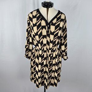 Alfani Dress Women's 16 Black Cream Geo Pattern V-Neck Long Sleeve Short Length